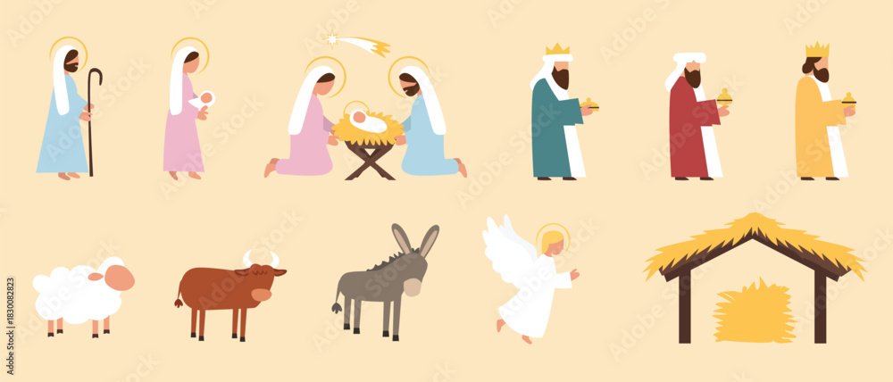Obraz premium Nativity Scene Flat Clipart Set with Mary, Joseph, Baby Jesus, Three Wise Men, Shepherd, Angel, Animals and Manger — Christmas Christian Illustration Pack