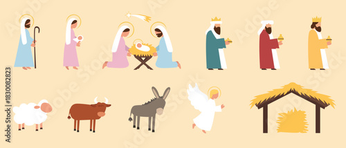 Nativity Scene Flat Clipart Set with Mary, Joseph, Baby Jesus, Three Wise Men, Shepherd, Angel, Animals and Manger — Christmas Christian Illustration Pack