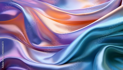Abstract Flowing Iridescent Pastel Purple And Teal Fabric With Subtle Orange Reflections Creating A Dreamy And Ethereal Background Texture