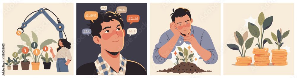 Naklejka premium Illustration set showing robotic plant care, optimistic thinking, nurturing new growth, and stacks of coins sprouting plants symbolizing financial investment.