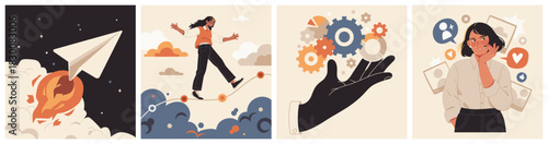 Illustration set showing a paper plane blasting off, a woman walking along a rising path, a hand holding gears of innovation, and a woman enjoying social media interaction.