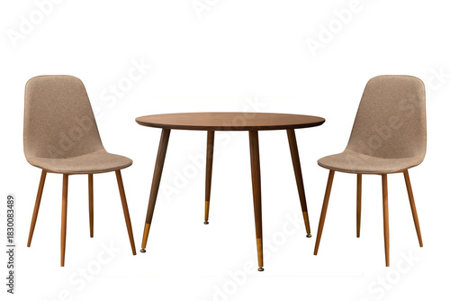 round wooden table and chairs isolated on white background. modern furniture