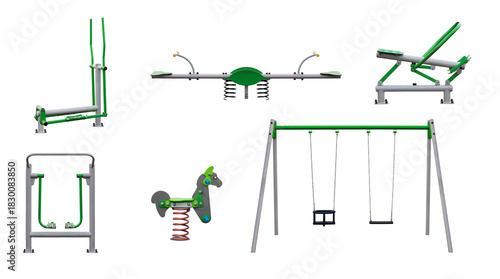 outdoor fitness equipment designed for training and physical exercise, rocking chair and swing isolated on white background