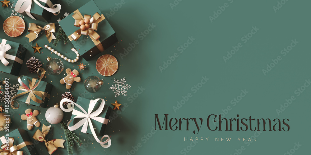 Obraz premium Christmas decoration with Christmas presents on green background with copy space and text. Christmas banner design. 3D Rendering, 3D Illustration