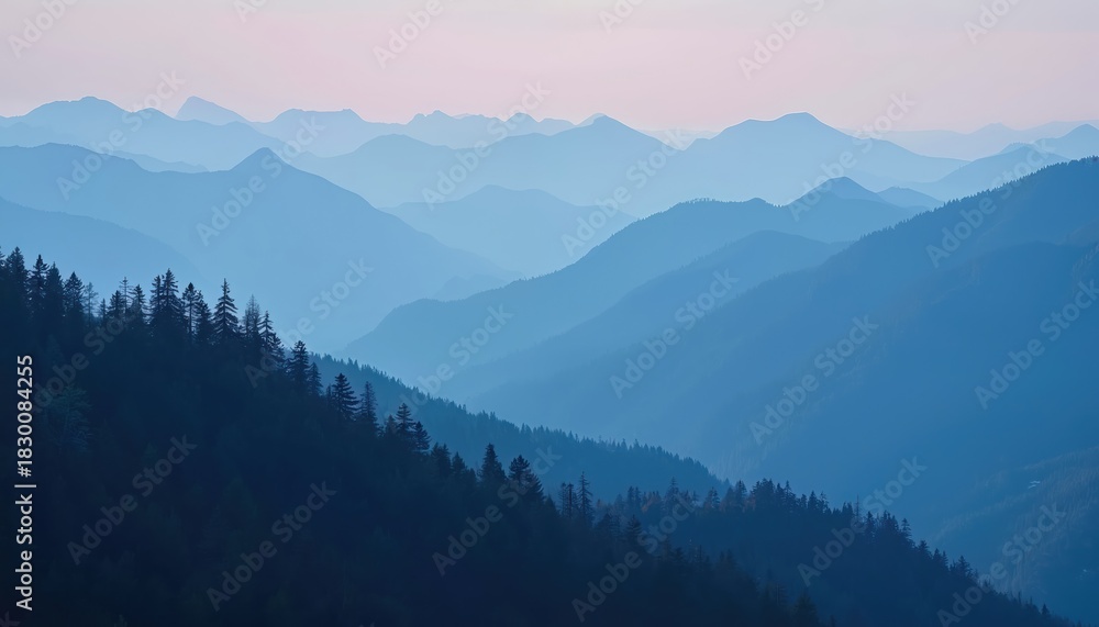 Fototapeta premium Deep blue mountain ranges fade into hazy distance at twilight. Pine trees crest dark foreground slopes. Serene atmosphere over layered peaks at dusk. Sky displays soft pastel colors.