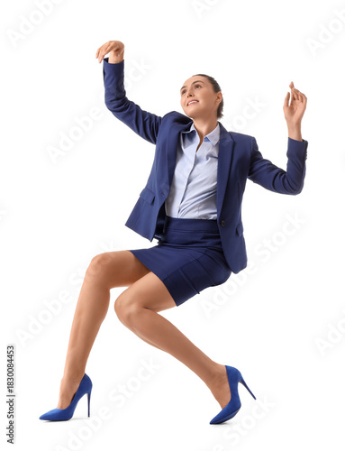 Obraz na płótnie Businesswoman in pose of marionette on white background