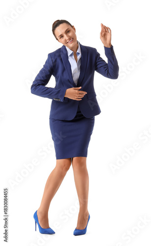 Tableau sur toile Businesswoman in pose of marionette on white background