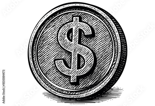 Detailed vintage engraving illustration of a dollar coin with currency symbol — stock vector.