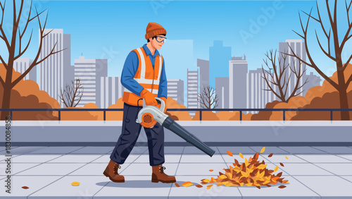 Man using electric blower to clear leaves from patio in autumn, vector   