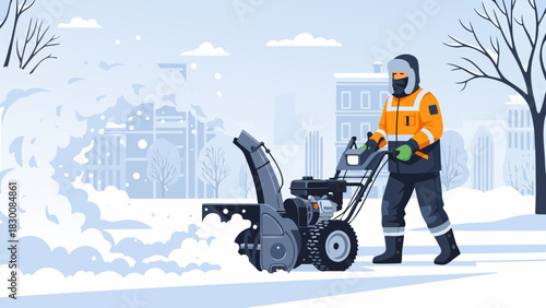 Worker using high volume blower to clear snow off urban path, vector   