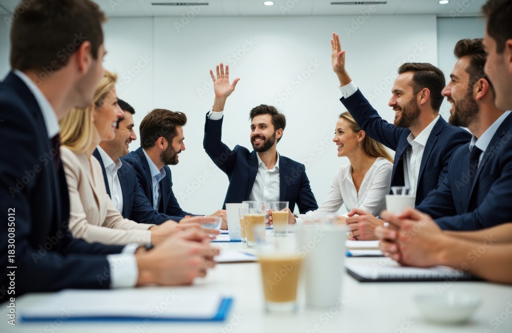 Fototapeta premium Business meeting with colleagues raising hands in a collaborative discussion