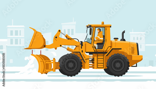 Loader attaching a plow to clear main streets in winter setting, vector   