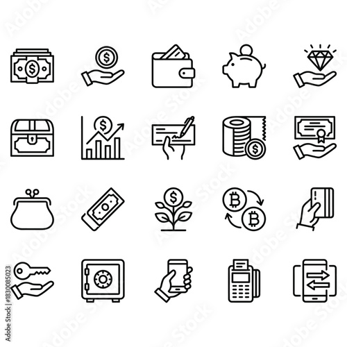A set of twenty black line art icons related to money, finance, banking, and investment. Includes symbols for cash, coins, wallets, cards, and more.