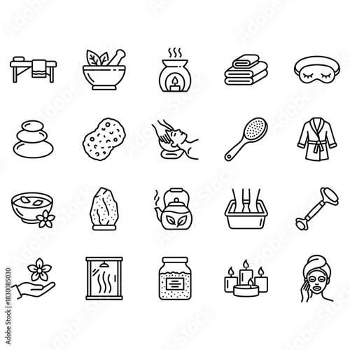 20 Spa and wellness line icons. Vector set of black outline symbols including massage, facial, sauna, aromatherapy, hot stones, and beauty treatments for relaxation.