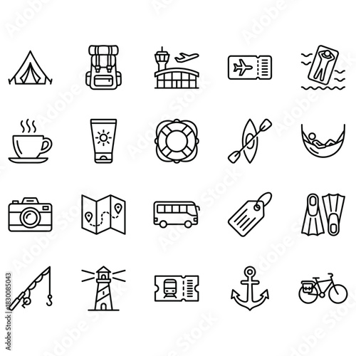Vector set of 20 travel and tourism line icons. Black outline symbols including camping, airport, tickets, beach, and outdoor activities on a clean white background. Perfect for vacation planning.
