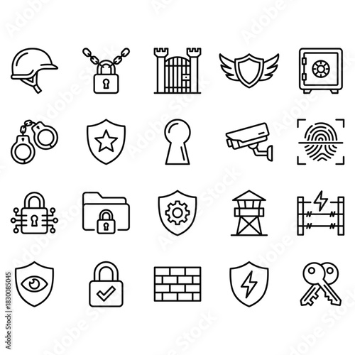 Security and protection line icon set. Vector symbols for cybersecurity, safety, defense, locks, shields, and surveillance in clean black outline style.