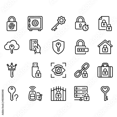 Security and protection line icon set. 20 vector outline symbols for privacy, locks, keys, passwords, biometrics, and access control systems for digital and physical safety.