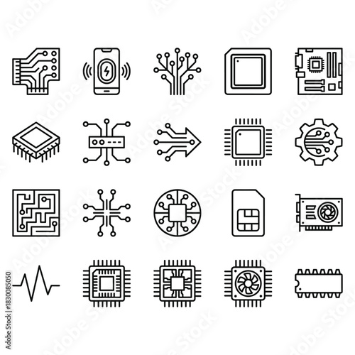 Electronic components and circuit board line icon set. Vector outline symbols for microchips, CPUs, technology, and hardware components.
