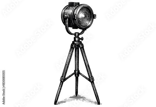 Detailed vintage engraving illustration of a studio spotlight or camera on tripod — stock vector.