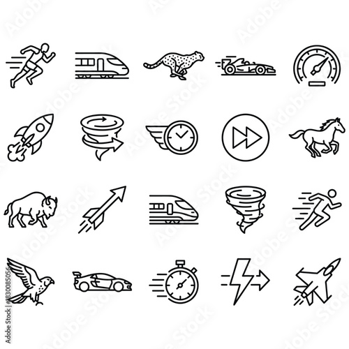 Speed and motion line icon set. 20 outline vector symbols of fast transport, animals, and concepts like rocket, cheetah, race car, and stopwatch for rapid design.
