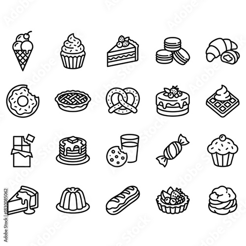 Dessert and bakery line icon set. Collection of 20 outline vector symbols for sweets, pastry, cake, ice cream, donuts, and candy on white background.