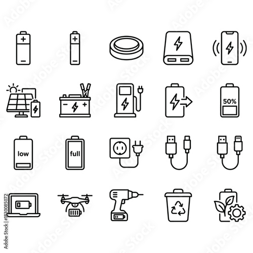 Battery and charging line icon set. 20 outline vector symbols for power, energy, EV station, solar, devices, levels, cables, and recycling.