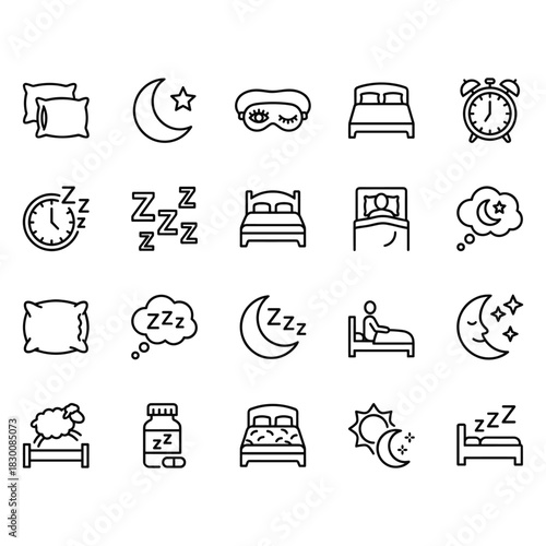 Sleep and rest line icon set. 20 vector outline symbols of bed, pillow, moon, alarm clock, sheep, mask, and zzz for nighttime and relaxation.