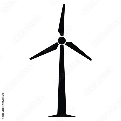 Black silhouette of a three bladed wind turbine on a white background