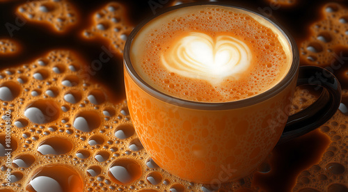 Warm cup of coffee with heart-shaped latte art, surrounded by rich foam bubbles 