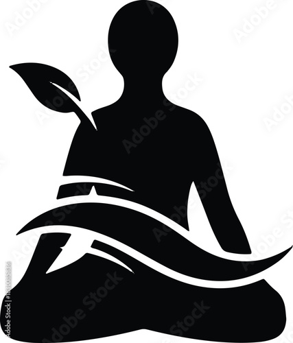 Black silhouette of person meditating with flowing lines and leaf yoga lotus position