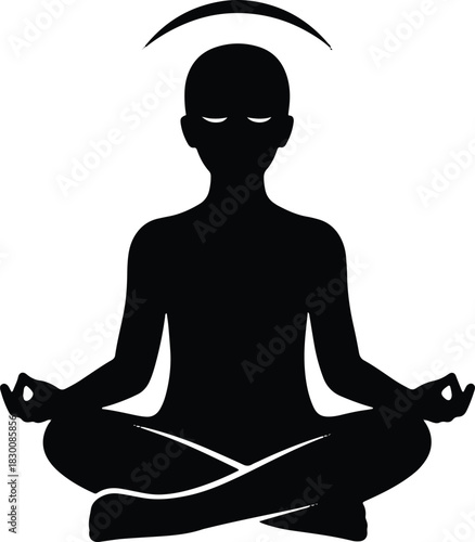 Black silhouette of person meditating with eyes closed and halo meditation yoga