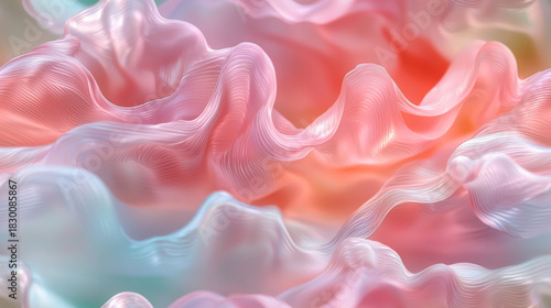 Sheets of pastel glass appear cocooned in swirling folds, with luminous pink and green edges offering a whimsical sheen