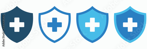 Blue medical health protection shield with cross vector icon illustration, healthcare safety symbol, hospital and clinic emblem, digital health graphic, modern flat vector design, medical service icon