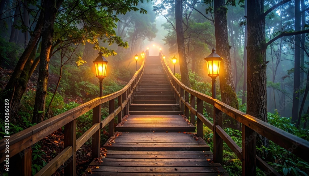 Obraz premium Wooden staircase with railings and warm lanterns leading into foggy forest at dusk. Magical fairytale path, wanderlust, mystery, inspirational travel and fantasy scene.