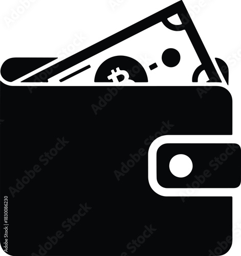 Black wallet with bitcoin symbol on paper money cryptocurrency finance