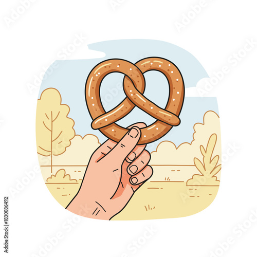 Hand holding pretzel in a sunny park with trees and blue sky  