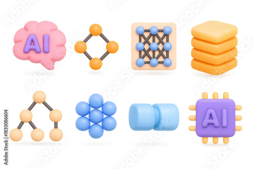 Ai icon set with neural network and data visualization elements for digital design