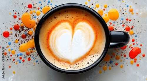 Black coffee cup with heart-shaped latte art surrounded by colorful splashes of paint 