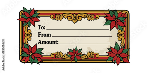 Vintage Paper Gift Certificate with Poinsettias, 1950s Style Vector Illustration