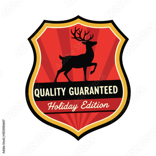 Retro Reindeer Badge Illustration, Quality Guaranteed Holiday Edition, 1950s Animation Style
