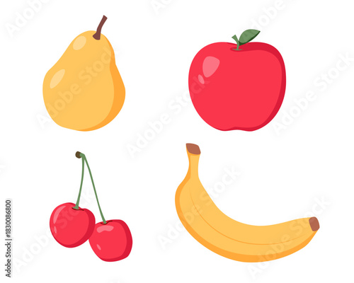 Colorful Fruit Vector Set Apple, Pear, Banana, Cherry. Flat modern vector illustration. Abundance and freshness