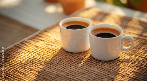 Two white ceramic coffee cups filled with dark coffee are placed on a textured woven mat, surrounded by natural light and greenery, creating a warm and inviting atmosphere