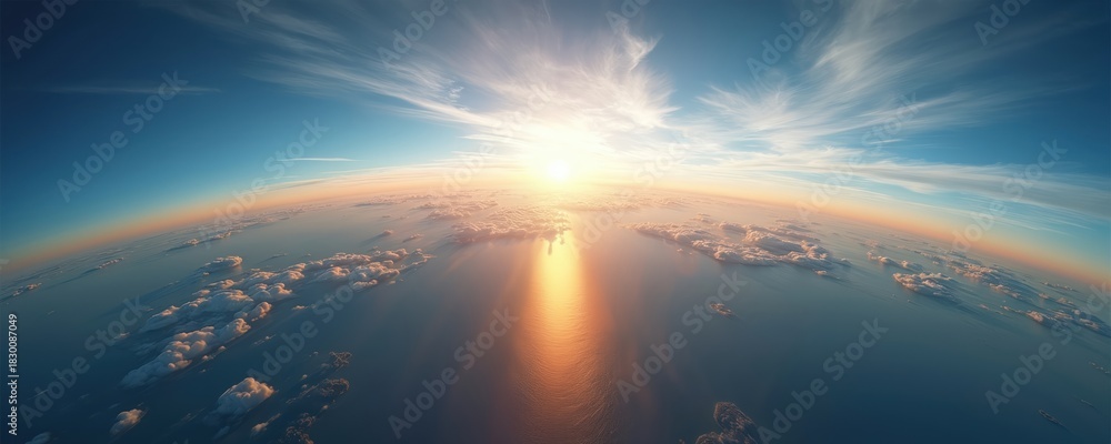Fototapeta premium Aerial view of Earth from high altitude shows bright sun. Warm golden light spreads across vast ocean, cloud layers. Blue sky meets orange horizon. Fluffy clouds float above water surface. Peaceful