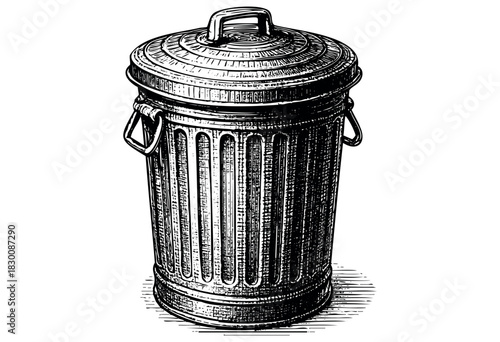 Detailed vintage engraving illustration of a metal trash bin — stock vector.