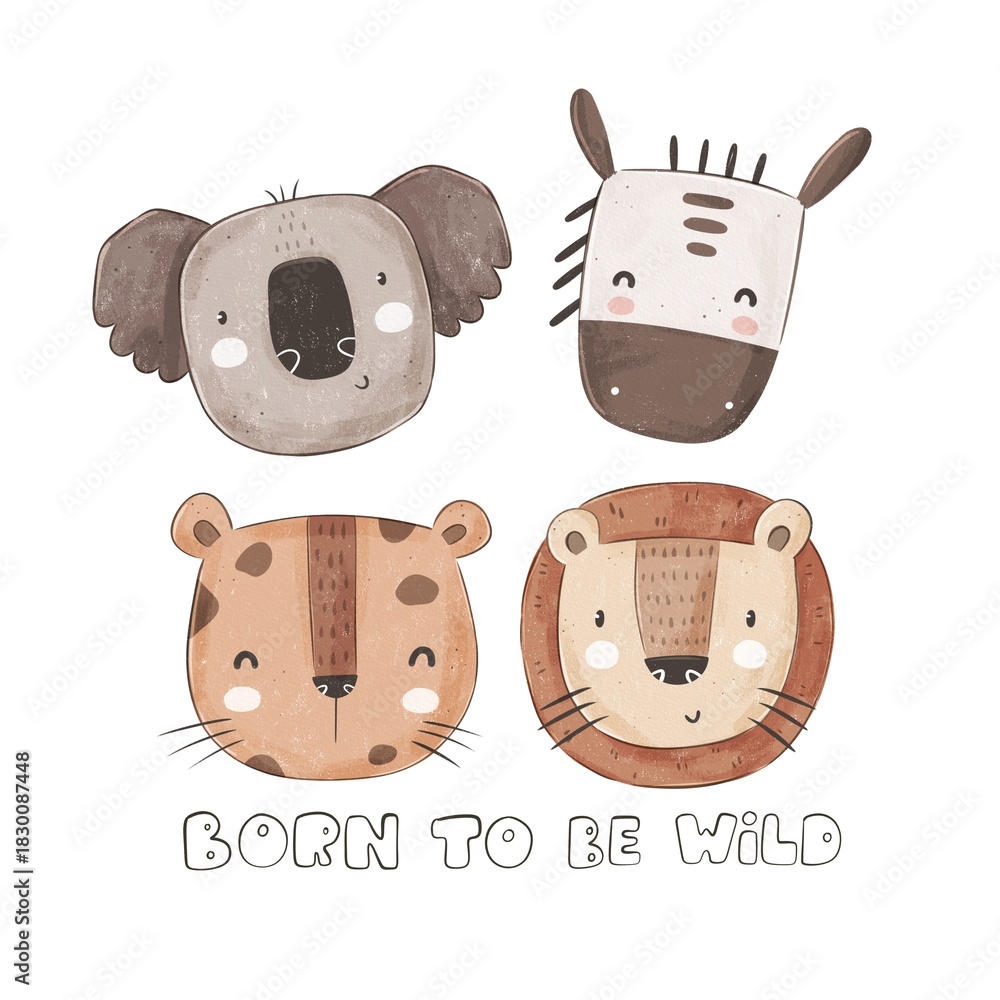 Fototapeta premium cartoon animals, hand drawing lettering, décor elements. Colorful illustration, flat style. design for cards, print, posters, logo, cover