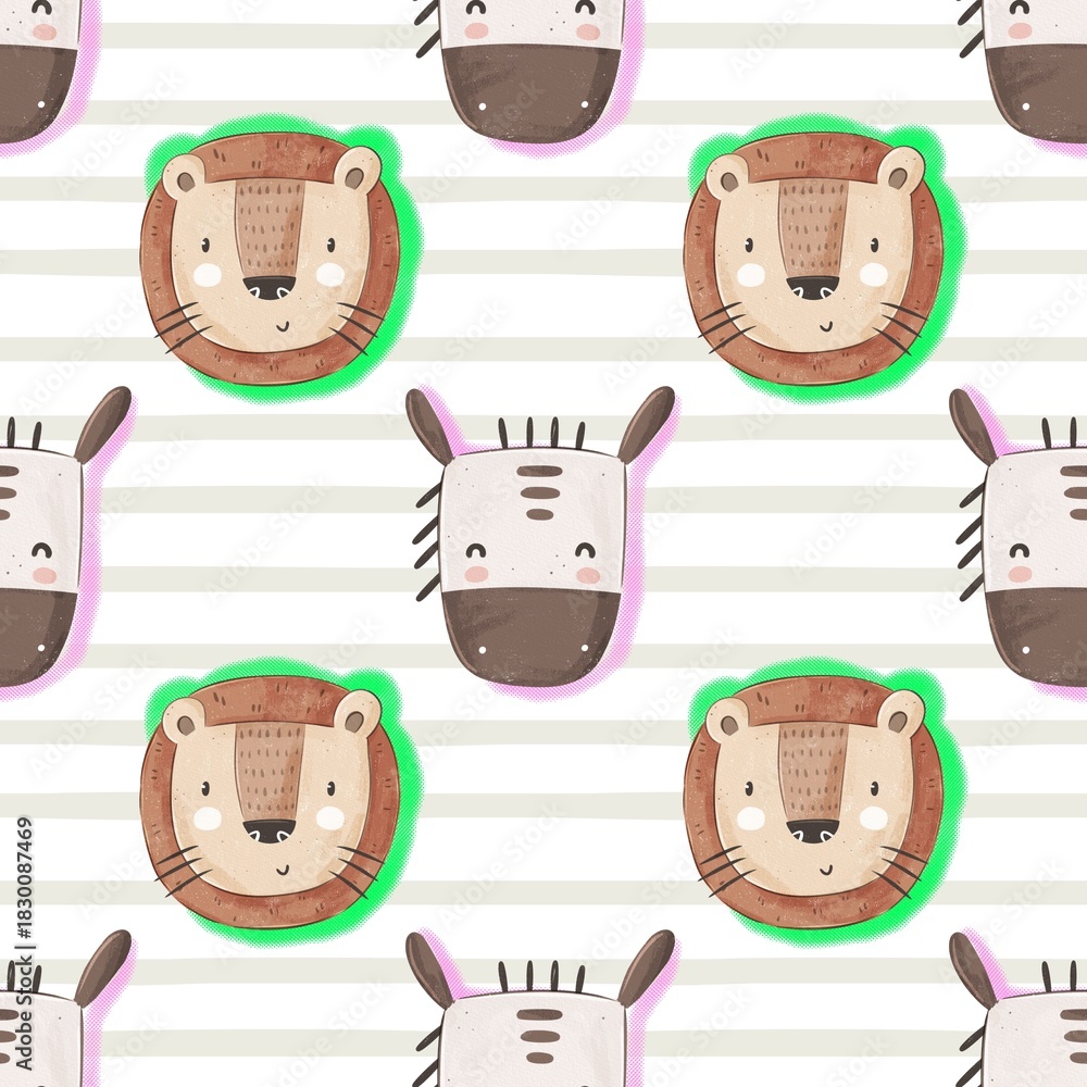 Fototapeta premium Seamless pattern with cartoon lion, zebra, decor elements. colorful illustration for kids. hand drawing, flat style. baby design for fabric, print, textile, wrapper