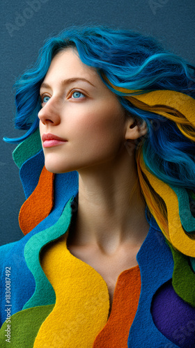 Vibrant fashion, bold expression. A woman with striking blue hair poses against a dark background, wearing a colorful felt outfit that flows around her.