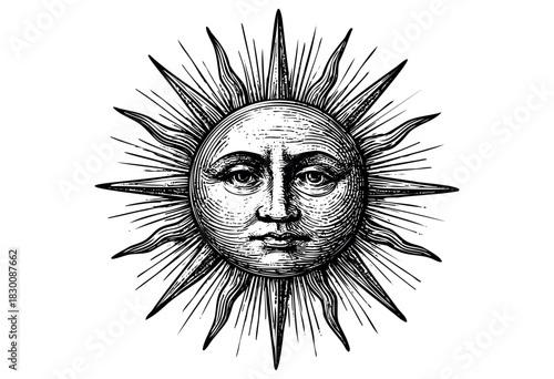 Detailed vintage engraving illustration of the sun with a human face — stock vector.