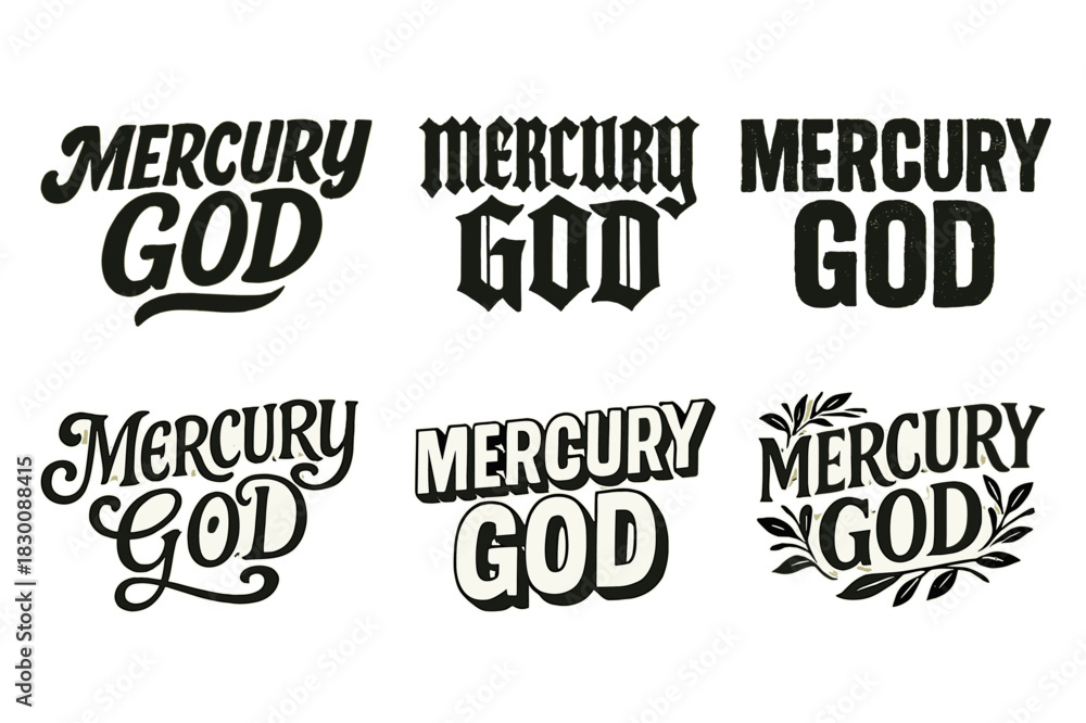 Obraz premium Mercury Lettering Variations. Mercury God. Set lettering. harmonious lettering variations of the same emblematic concept (Bold hand-lettering with playful