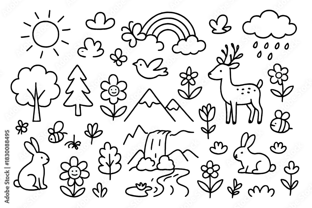 Obraz premium Nature Doodle Illustration. Nature. Hand-drawn doodle illustration Nature trees, flowers, birds, bees, butterflies, rabbits, deer, mountains, rivers, lakes,